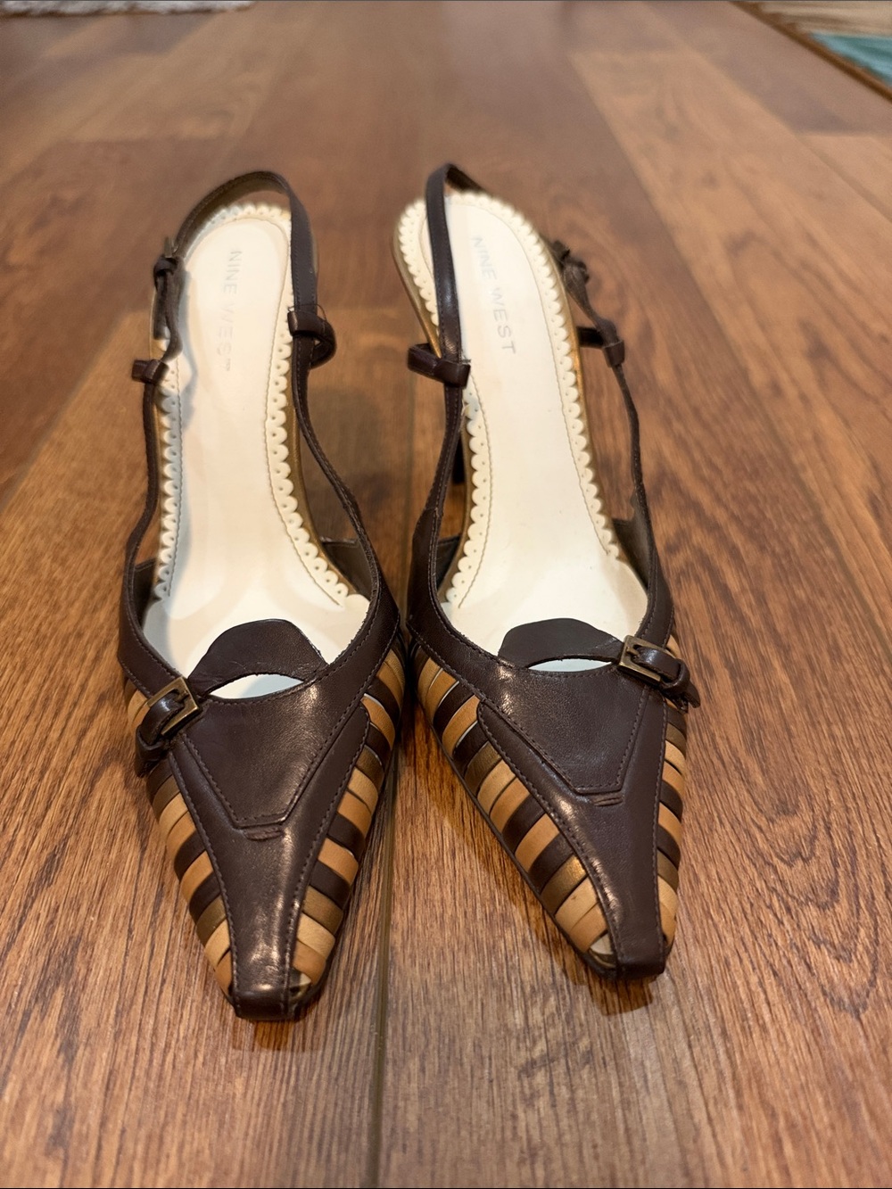 Nine West Brown Tan Woven Slingback Pointed Toe Heels Size 6.5